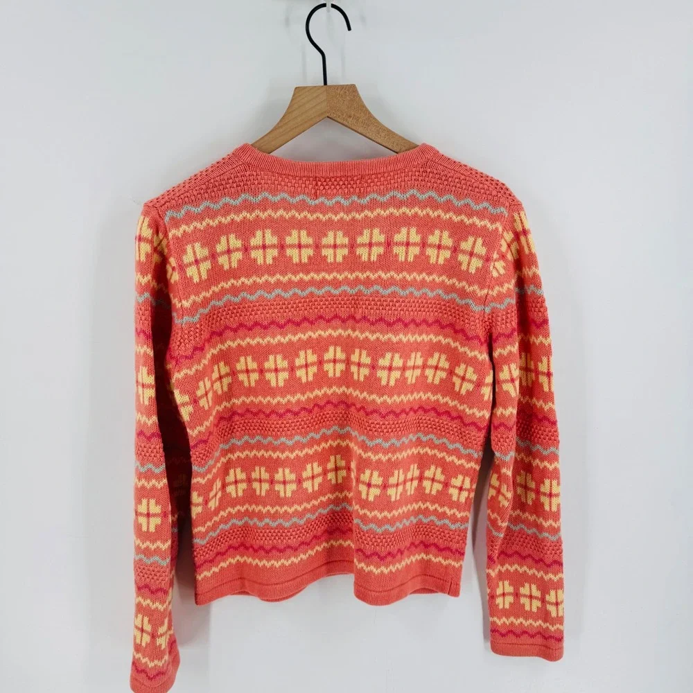 Vintage Coral Pink Geometric V-Neck Sweater Size‎ S Preppy Spring